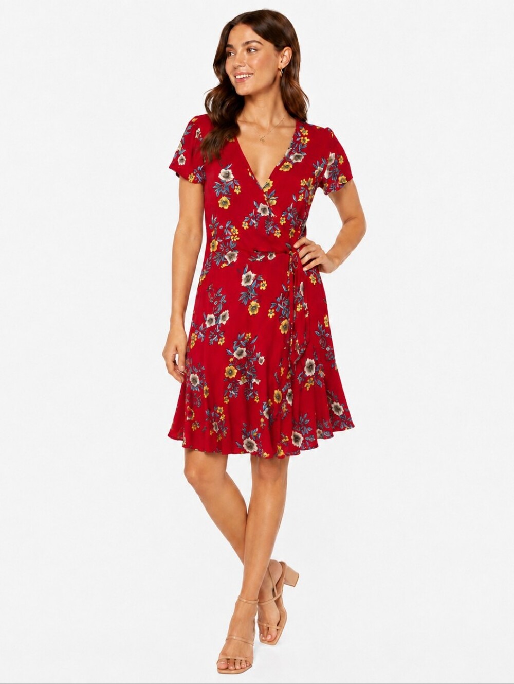 B.O.G. Collective Red Floral Wrap Dress Fit Flare Short Sleeve Small